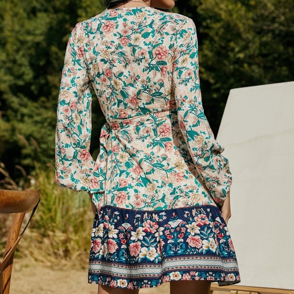 v neck floral print surplice ruffle boho dress - Picture 4 of 5